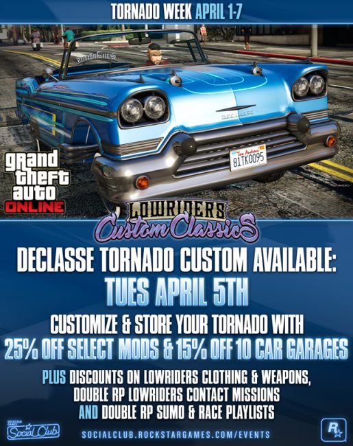 GTA Online New Tornado Custom Arriving Tuesday, Lowrider Bonuses and More