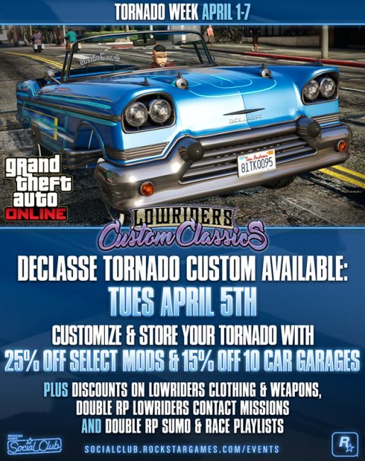 GTA Online New Tornado Custom Arriving Tuesday, Lowrider Bonuses and More